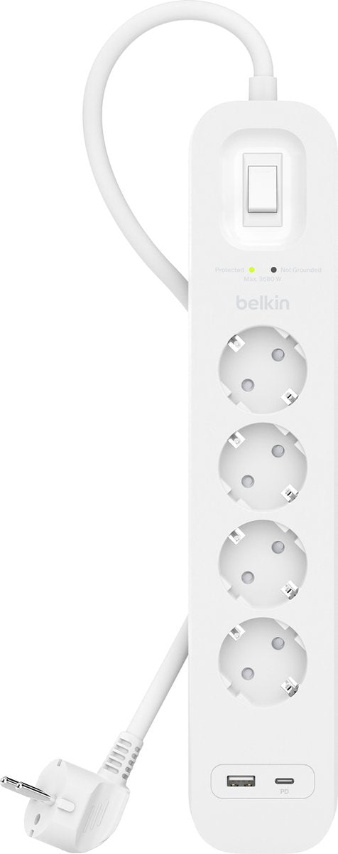 Parasurtenseur Belkin avec 4 prises blanc 2m (USB-C + USB-A)