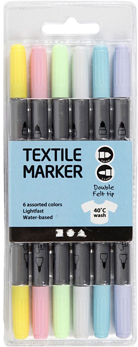Marqueurs textiles Creativ company, largeur de trait 2,3 + 3,6 mm, couleurs pastel, 6 pièces 1 boîte