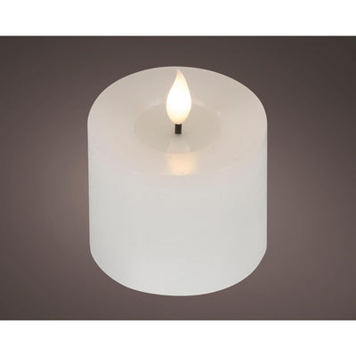 Bougie LED réaliste Lumineo avec mèche de cire et effet flamme ø7,5x9,5cm blanche avec minuterie 6 heures, alimentée par batterie