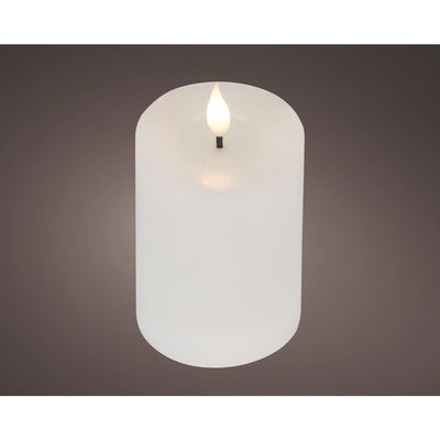 Bougie LED réaliste Lumineo avec mèche de cire et effet flamme ø7,5x13,5cm blanche avec minuterie 6 heures, alimentée par batterie