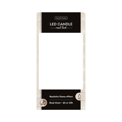 Bougie LED réaliste Lumineo avec mèche de cire et effet flamme ø7,5x13,5cm blanche avec minuterie 6 heures, alimentée par batterie