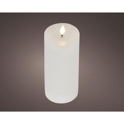 Bougie LED réaliste Lumineo avec mèche de cire et effet flamme ø7,5x20cm blanche avec minuterie 6 heures, fonctionne sur batterie