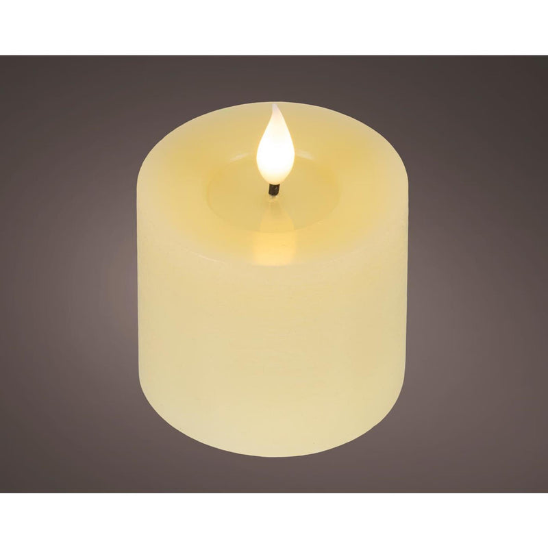 Bougie LED réaliste Lumineo avec mèche de cire et effet flamme Ø7,5x9,5cm crème avec minuterie 6 heures, fonctionne sur piles