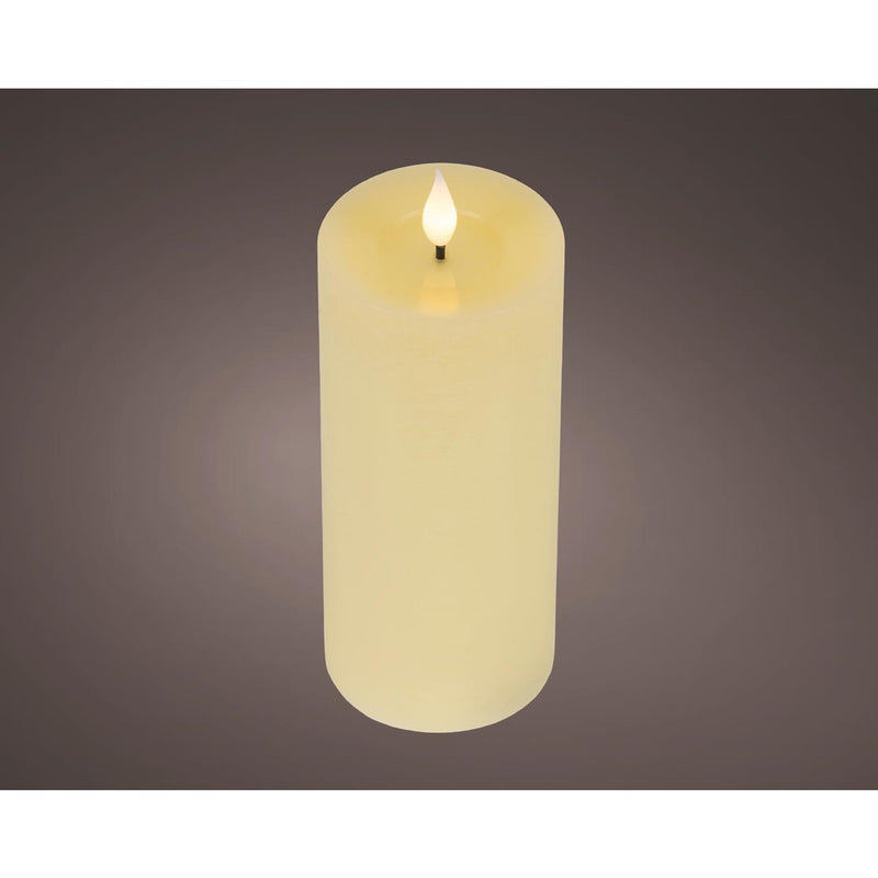 Bougie LED réaliste Lumineo avec mèche de cire et effet flamme Ø7,5x20cm crème avec minuterie 6 heures, fonctionne sur piles