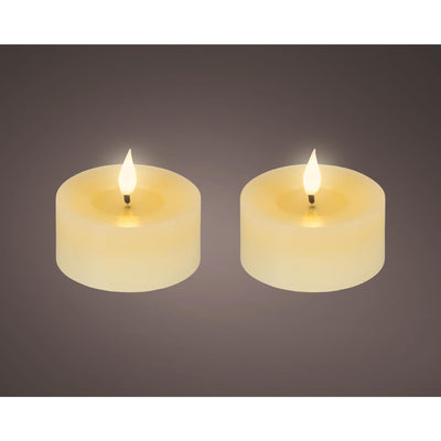 Bougie chauffe-plat LED réaliste Lumineo avec effet flamme Ø 7,5x6 cm crème avec minuterie 6 heures, alimentée par batterie - 2 pièces