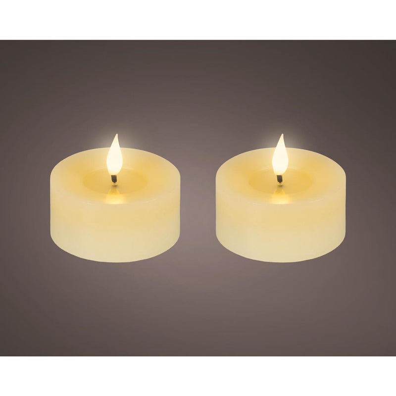 Bougie chauffe-plat LED réaliste Lumineo avec effet flamme Ø 7,5x6 cm crème avec minuterie 6 heures, alimentée par batterie - 2 pièces