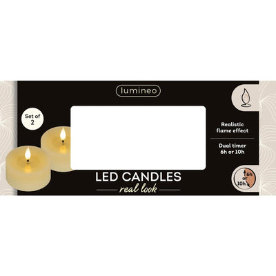 Bougie chauffe-plat LED réaliste Lumineo avec effet flamme Ø 7,5x6 cm crème avec minuterie 6 heures, alimentée par batterie - 2 pièces