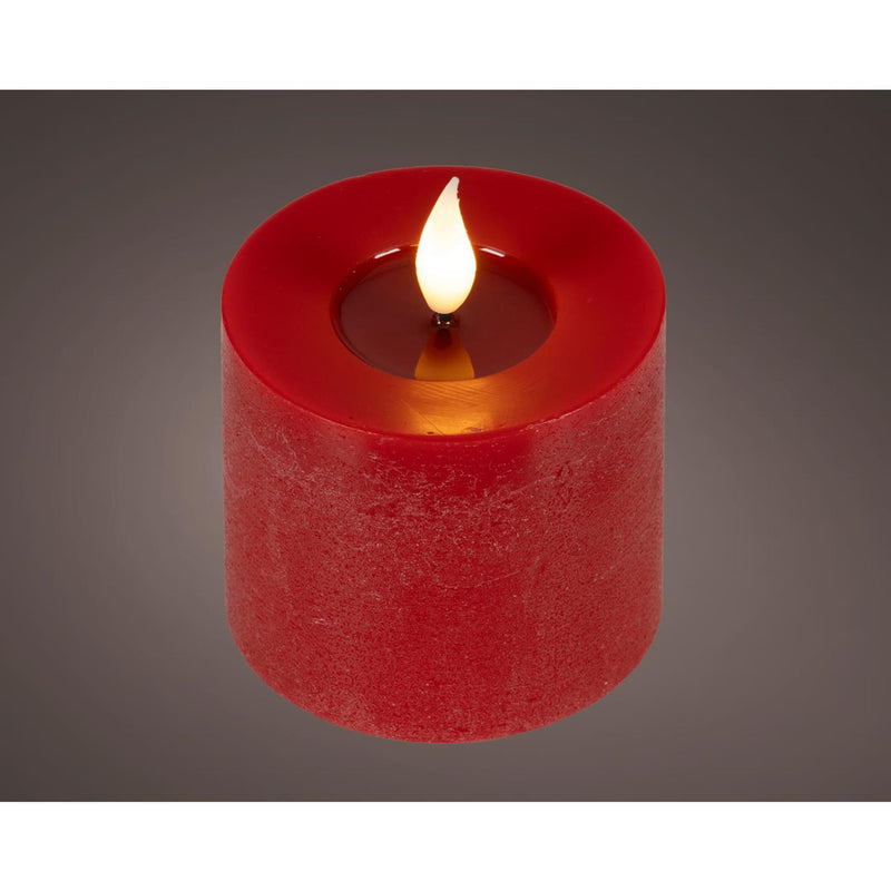 Bougie LED réaliste Lumineo avec mèche de cire et effet flamme ø7,5x9,5 cm rouge avec minuterie 6 heures, fonctionne sur piles