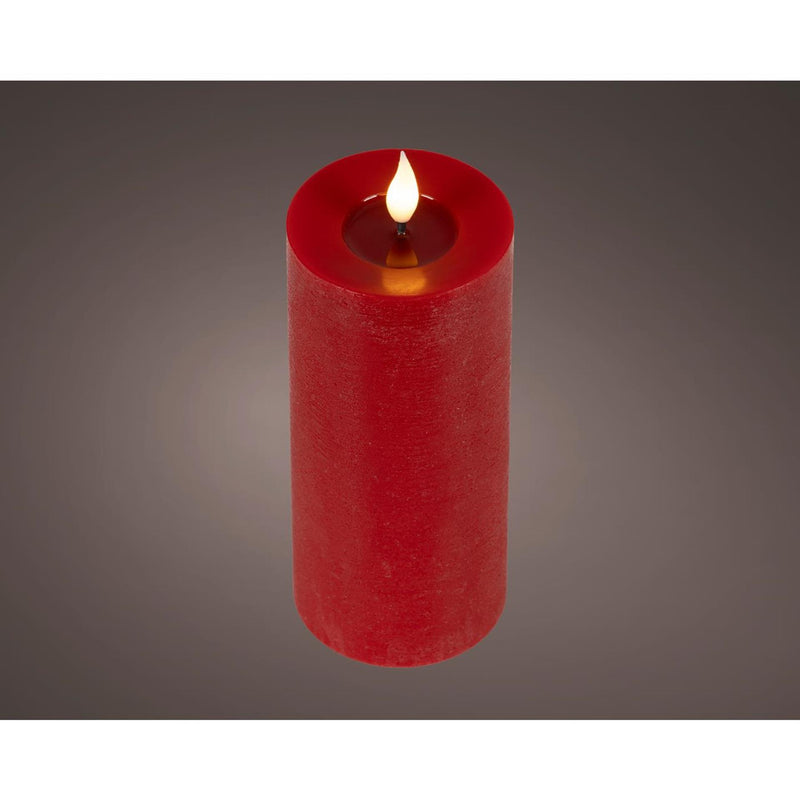 Bougie LED réaliste Lumineo avec mèche de cire et effet flamme ø7,5x20cm rouge avec minuterie 6 heures, fonctionne sur batterie