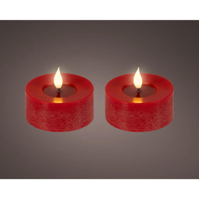 Bougie chauffe-plat LED réaliste Lumineo avec effet flamme Ø7,5x6cm rouge avec minuterie 6 heures, alimentée par batterie - 2 pièces