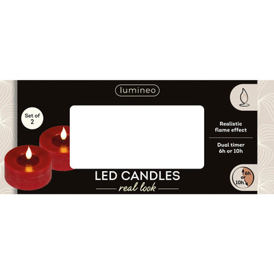 Bougie chauffe-plat LED réaliste Lumineo avec effet flamme Ø7,5x6cm rouge avec minuterie 6 heures, alimentée par batterie - 2 pièces