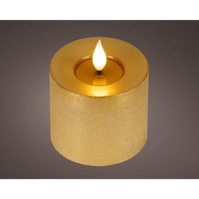 Bougie LED réaliste Lumineo avec mèche de cire et effet flamme ø7,5x9,5cm or avec minuterie 6 heures, fonctionne sur piles