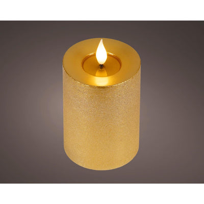 Bougie LED réaliste Lumineo avec mèche de cire et effet flamme ø7,5x13,5cm or avec minuterie 6 heures, fonctionne sur piles