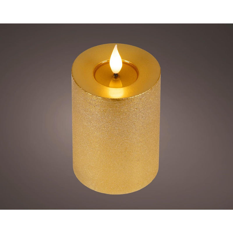 Bougie LED réaliste Lumineo avec mèche de cire et effet flamme ø7,5x13,5cm or avec minuterie 6 heures, fonctionne sur piles