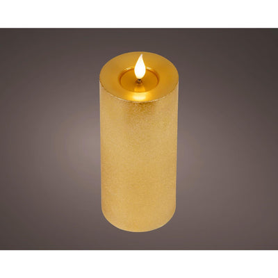 Bougie LED réaliste Lumineo avec mèche de cire et effet flamme ø7,5x20cm or avec minuterie 6 heures, fonctionne sur batterie
