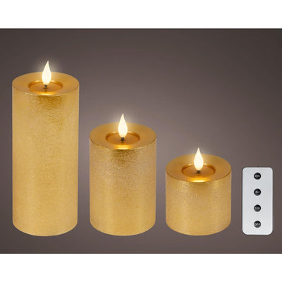 Bougie LED réaliste Lumineo 3 pièces avec mèche de cire et effet flamme ø7,5 hauteur 9,5-13,5-20 cm dorée avec minuterie fonctionne sur télécommande et pile