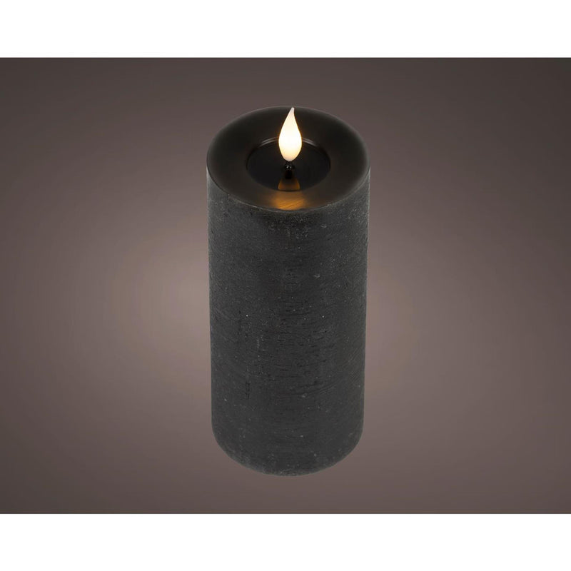 Bougie LED réaliste Lumineo avec mèche de cire et effet flamme ø7,5x20cm noire avec minuterie 6 heures, fonctionne sur batterie