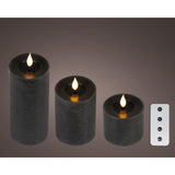 Bougie LED réaliste Lumineo 3 pièces avec mèche en cire et effet flamme Ø7,5 hauteur 9,5-13,5-20cm noir avec minuterie fonctionne sur télécommande et batterie - afbeelding 1