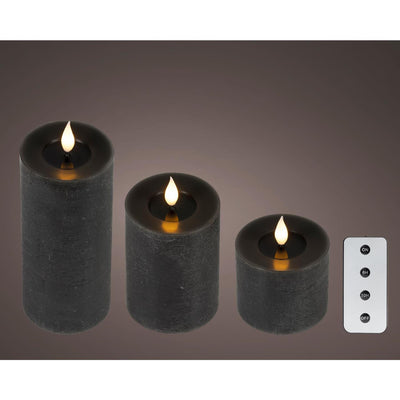 Bougie LED réaliste Lumineo 3 pièces avec mèche en cire et effet flamme Ø7,5 hauteur 9,5-13,5-20cm noir avec minuterie fonctionne sur télécommande et batterie