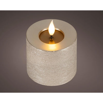 Bougie LED réaliste Lumineo avec mèche de cire et effet flamme ø7,5x9,5cm gris clair avec minuterie 6 heures, alimentée par batterie