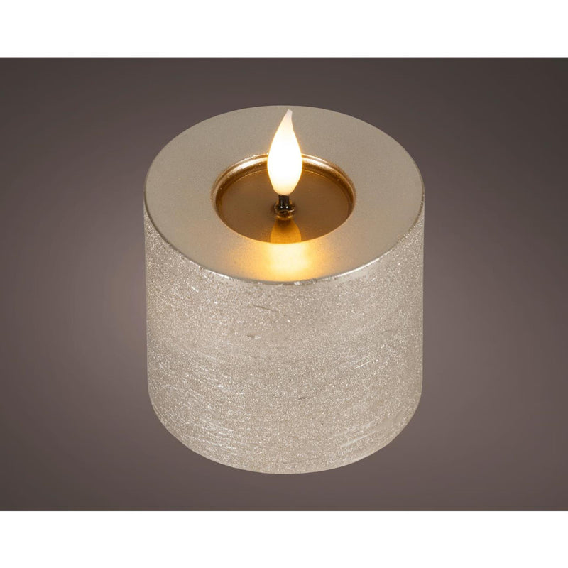 Bougie LED réaliste Lumineo avec mèche de cire et effet flamme ø7,5x9,5cm gris clair avec minuterie 6 heures, alimentée par batterie