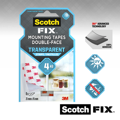 3m 1071425 - bandes de montage scotch-fix™ transp 25 mm x 76 mm, paquet de 8 bandes | 16 pièces