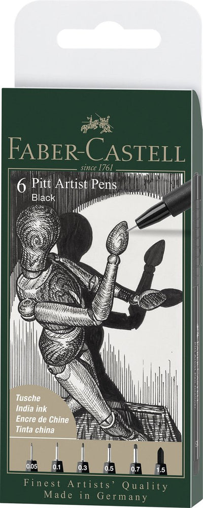 Stylo à dessin Faber-castell - fineliners - stylo d'artiste Pitt - noir - étui de 6 pièces largeur de ligne xxs, xs, s, f, m, 1.5 - fc-167154