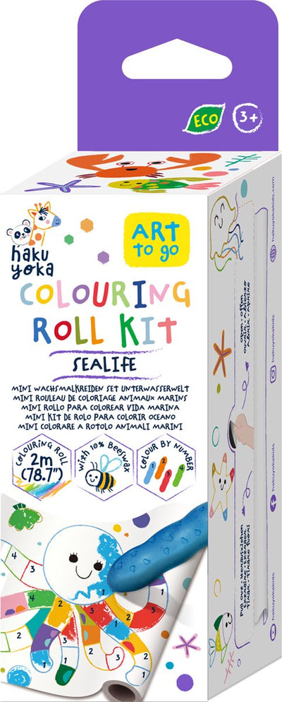 Haku yoka : mini kit rouleau à colorier animaux marins 12x200cm, comprenant 4 crayons de couleur et peinture par numéro, détachable, en cire d'abeille (10%), en boîte 6,2x6,2x19,6cm, 3+