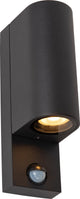 Lucide zaro - applique murale spot intérieur extérieur - 2xgu10 - ip65 - capteur de mouvement jour nuit (commutable) - noir