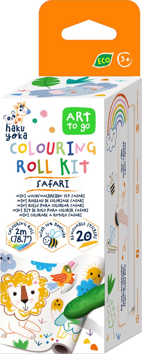 Haku yoka : mini kit de rouleaux de coloriage safari 12x200cm, comprenant 4 crayons et autocollants, détachables, en cire d'abeille (10%), en boîte 6,2x6,2x19,6cm, 3+