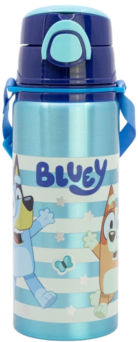 Gourde Bluey enfant - 730 ml - aluminium - avec bouton poussoir paille - sans BPA - gourde réutilisable avec cordon - design bingo