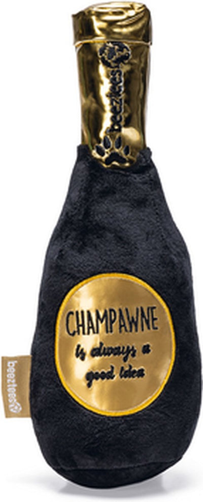 Beeztees bouteille de champagne - jouet pour chien - peluche - or noir - 30x9x9 cm