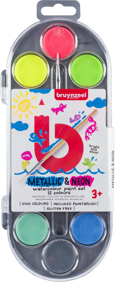 Bruynzeel Kids Watercolor Set de 12 couleurs néon métalliques