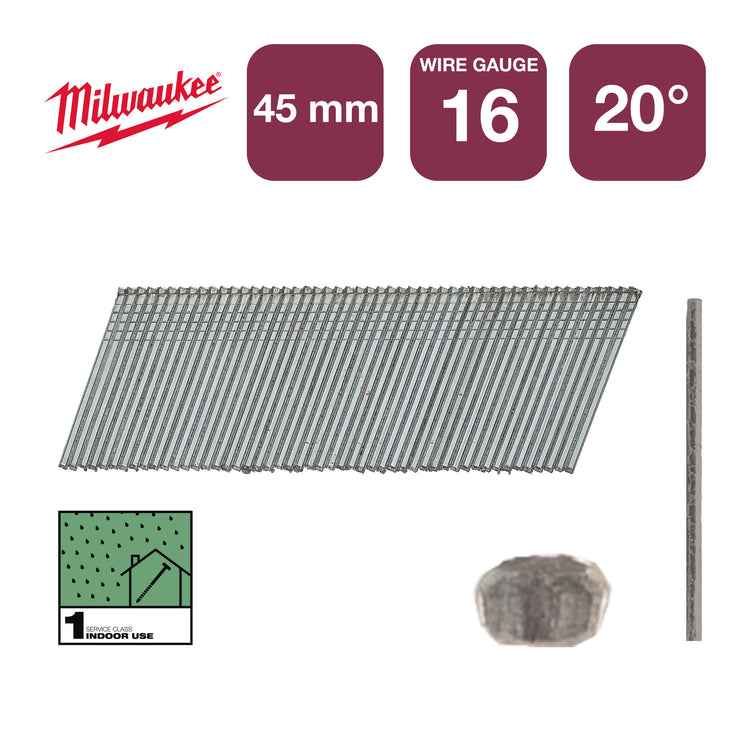 Milwaukee accessoires clous 16g 20° 45mm g sc1 | 2 000 pièces - 4932492584