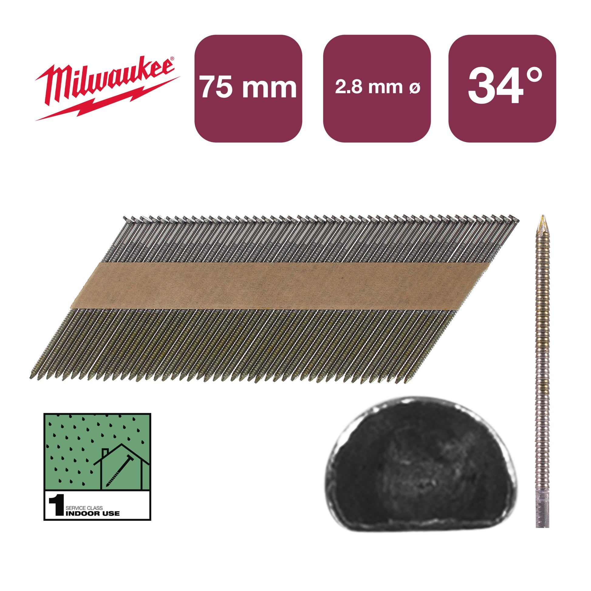 Accessoires Milwaukee clous tête D 34° 75mm rs b sc1 | 2 200 pièces - 4932492602