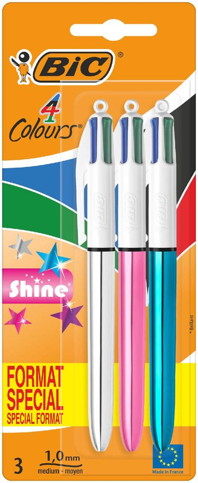 Stylo à bille 4 couleurs Bic Colors Shine | moyen | couleurs d'encre classiques | blister de 3 pièces