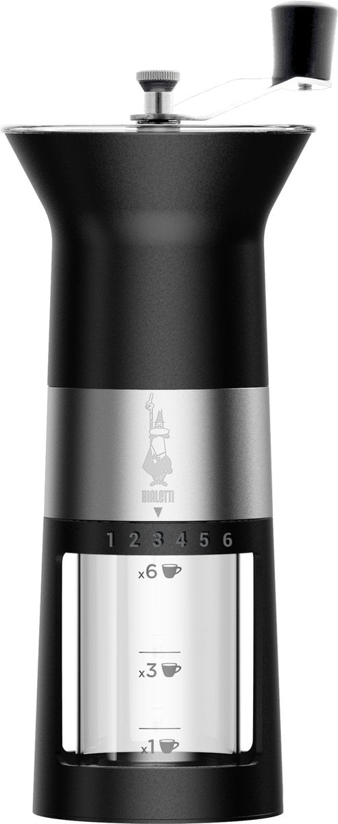 Moulin à café manuel Bialetti premium noir - Moulin à café manuel avec moulin en acier inoxydable - 6 réglages de mouture réglables - Moulin à grains de café