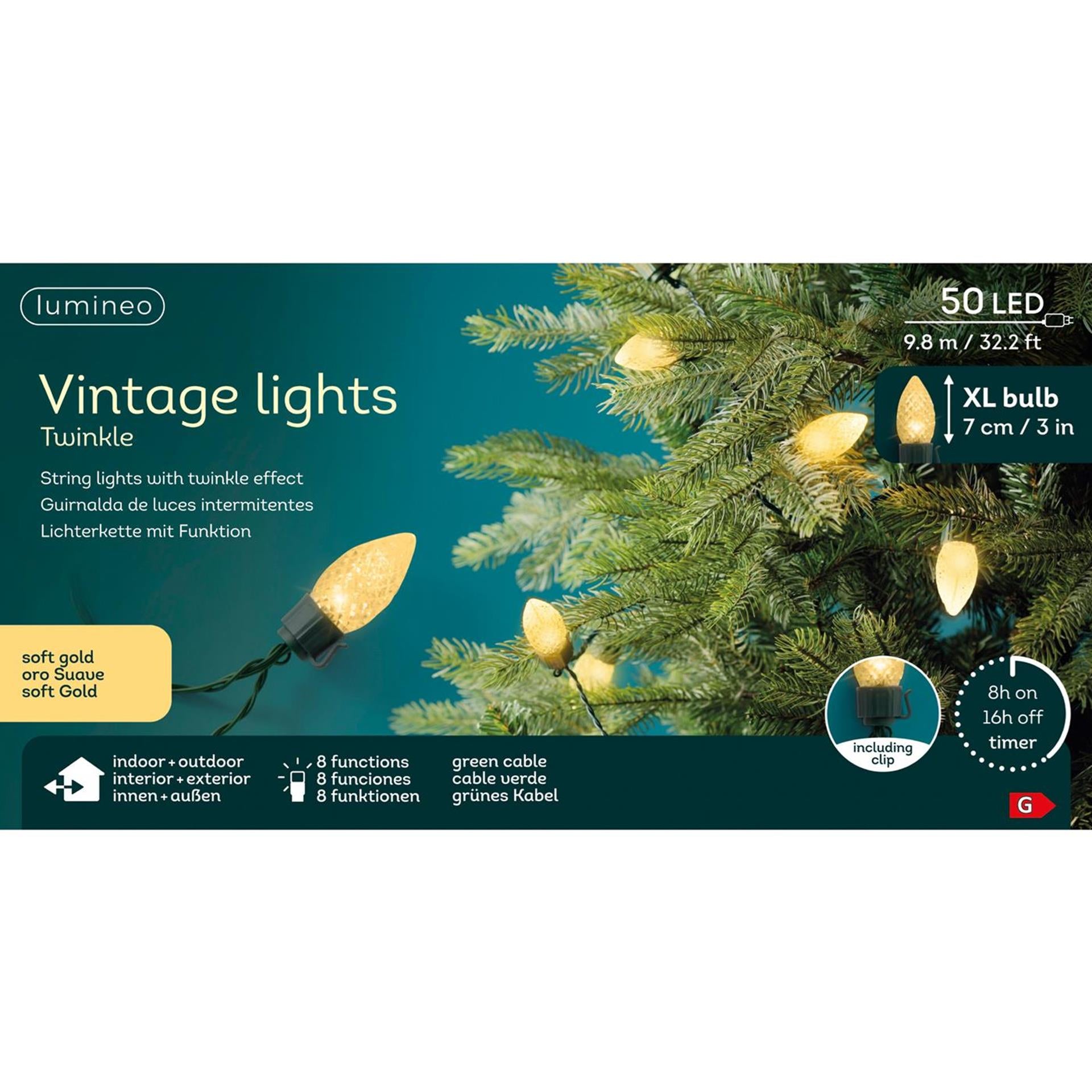 Lumineo LED éclairage de sapin de Noël vintage 8 fonctions effet scintillant 50LED 980cm vert or doux