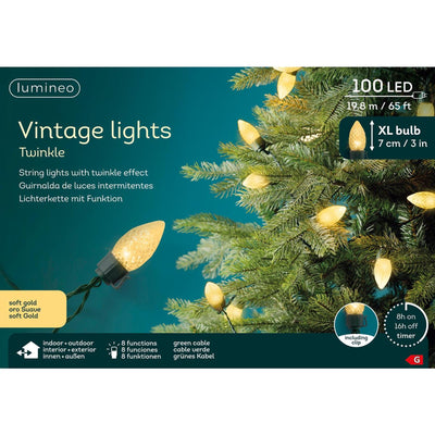 Lumineo LED éclairage de sapin de Noël vintage 8 fonctions effet scintillant 100LED 1980cm vert or doux