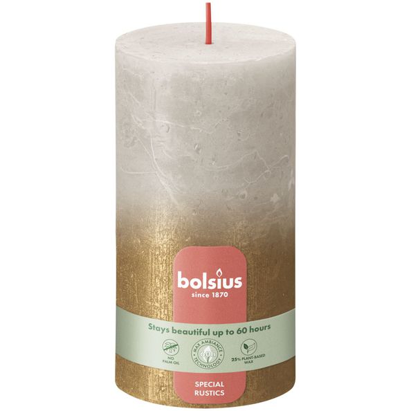 Bougie pilier Bolsius gris sable + or ø68x130 mm 60 heures (4 pièces)