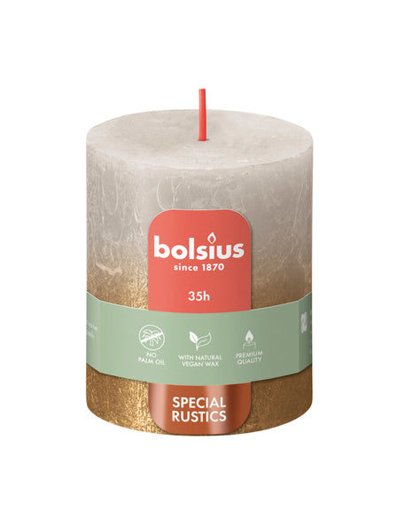 Bougie pilier Bolsius gris sable + or ø68x80 mm 35 heures (4 pièces)