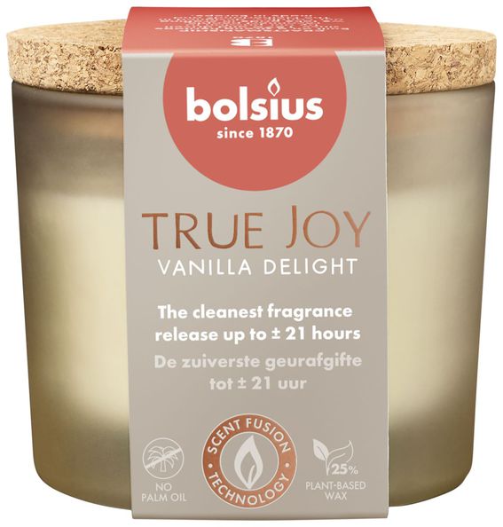Verre parfumé Bolsius avec couvercle en liège true joy vanilla delight ø83x66 mm 21 heures (6 pièces)