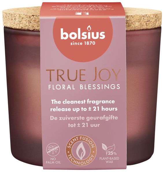 Verre parfumé Bolsius avec couvercle en liège true joy bénédictions florales ø83x66 mm 21 heures (6 pièces)