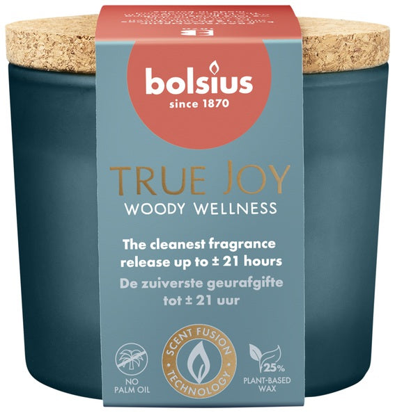 Verre parfumé Bolsius avec couvercle en liège true joy woody Wellness ø83x66 mm 21 heures (6 pièces)