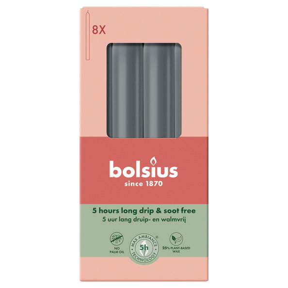 Bougies de dîner Bolsius gris orageux ø20x170 mm 5 heures (4x 8 pièces)