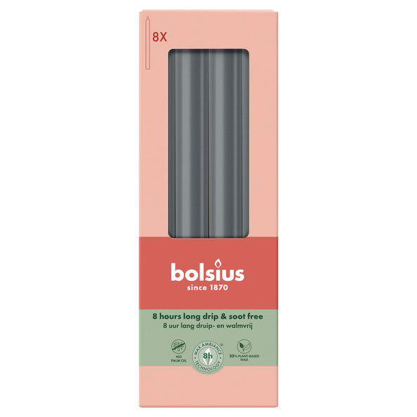 Bougies de dîner Bolsius gris orageux ø20x230 mm 8 heures (4x 8 pièces)