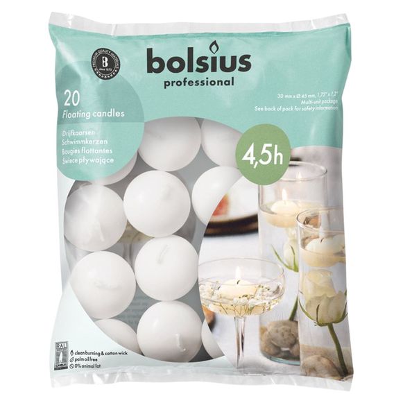 Bougies flottantes Bolsius blanches ø45x30 mm 4,5 heures (20 pièces)