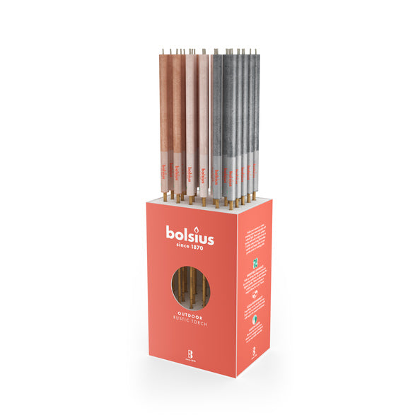 Torches de bougies de jardin rustiques Bolsius de couleurs assorties ø30x1130 mm (32 pièces)