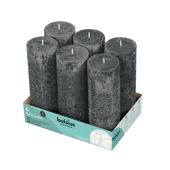 Bougie pilier professionnelle Bolsius rustique 190 68 mm 65 heures de combustion gris tempête (6 pièces)