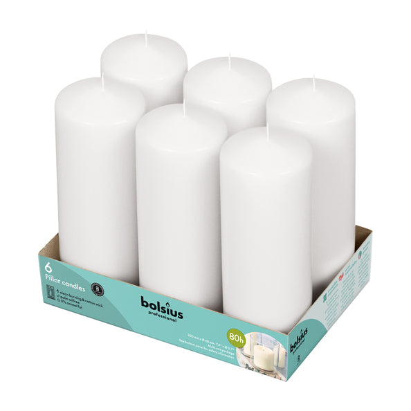 Bougies pilier professionnelles Bolsius 20 7 cm blanches 75 heures de combustion (6 pièces)